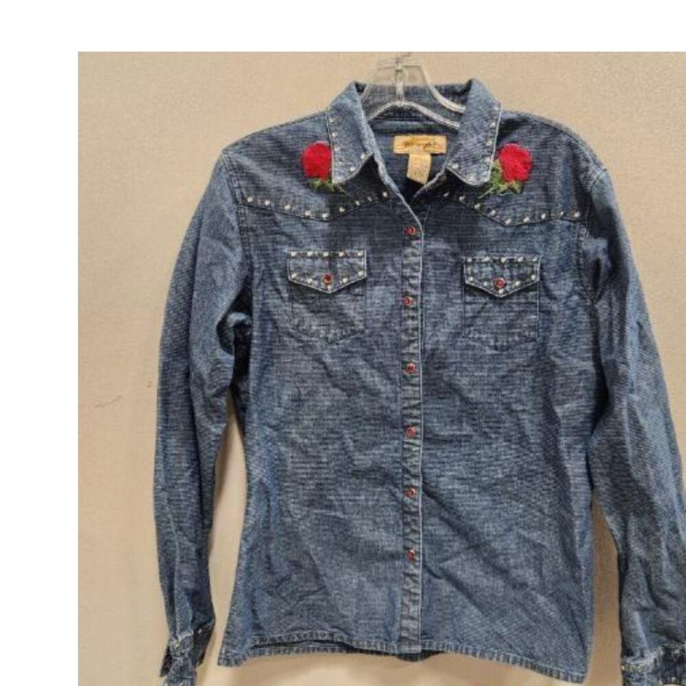 Wrangler Embroidered Rose Studded Western Denim Shirt M